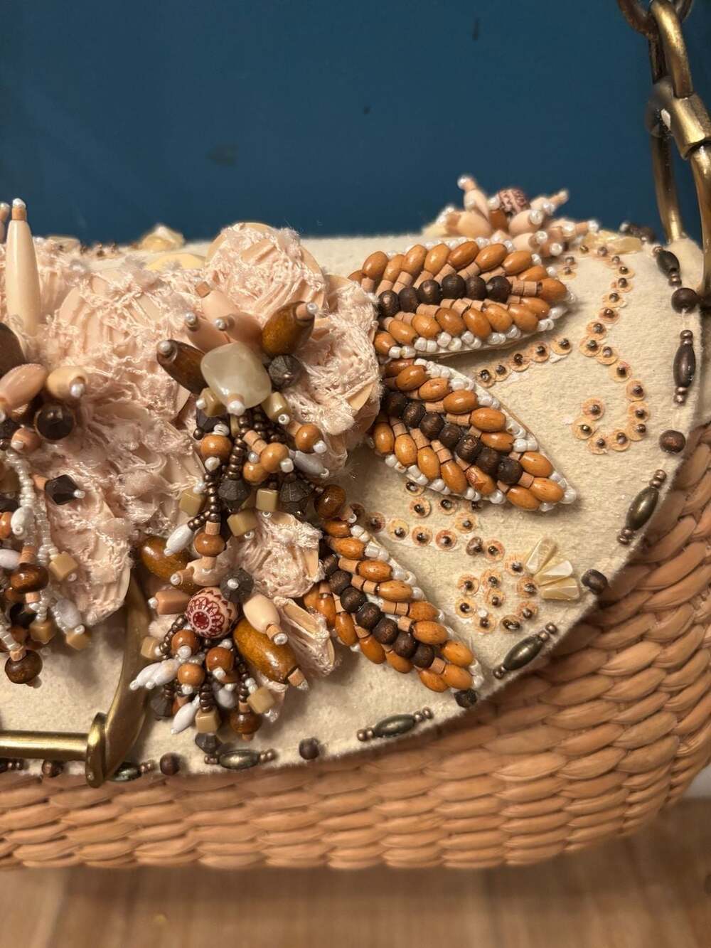 Vintage Mary Frances Beaded Floral Applique Woven Straw hard case Shoulder Bag - Picture 7 of 15